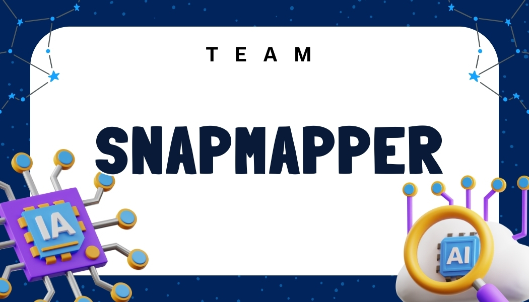 Team Snapmapper banner with a bold title in the center, surrounded by colorful AI-themed illustrations of microchips and circuits, set against a starry night background with constellations.