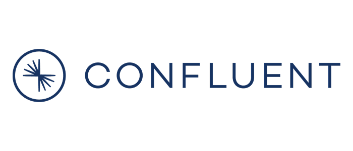 Confluent logo featuring a stylized radial burst symbol inside a circle, followed by the word ‘Confluent’ in modern uppercase navy-blue text.